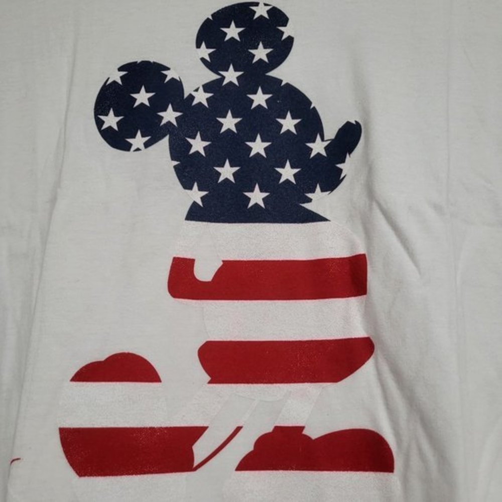 Disney Mickey Mouse Standing American Flag Print Graphic Short Sleeves White Tee - Picture 5 of 5